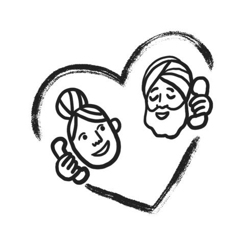 A woman and a sikh man on the phone surrounded by a heart